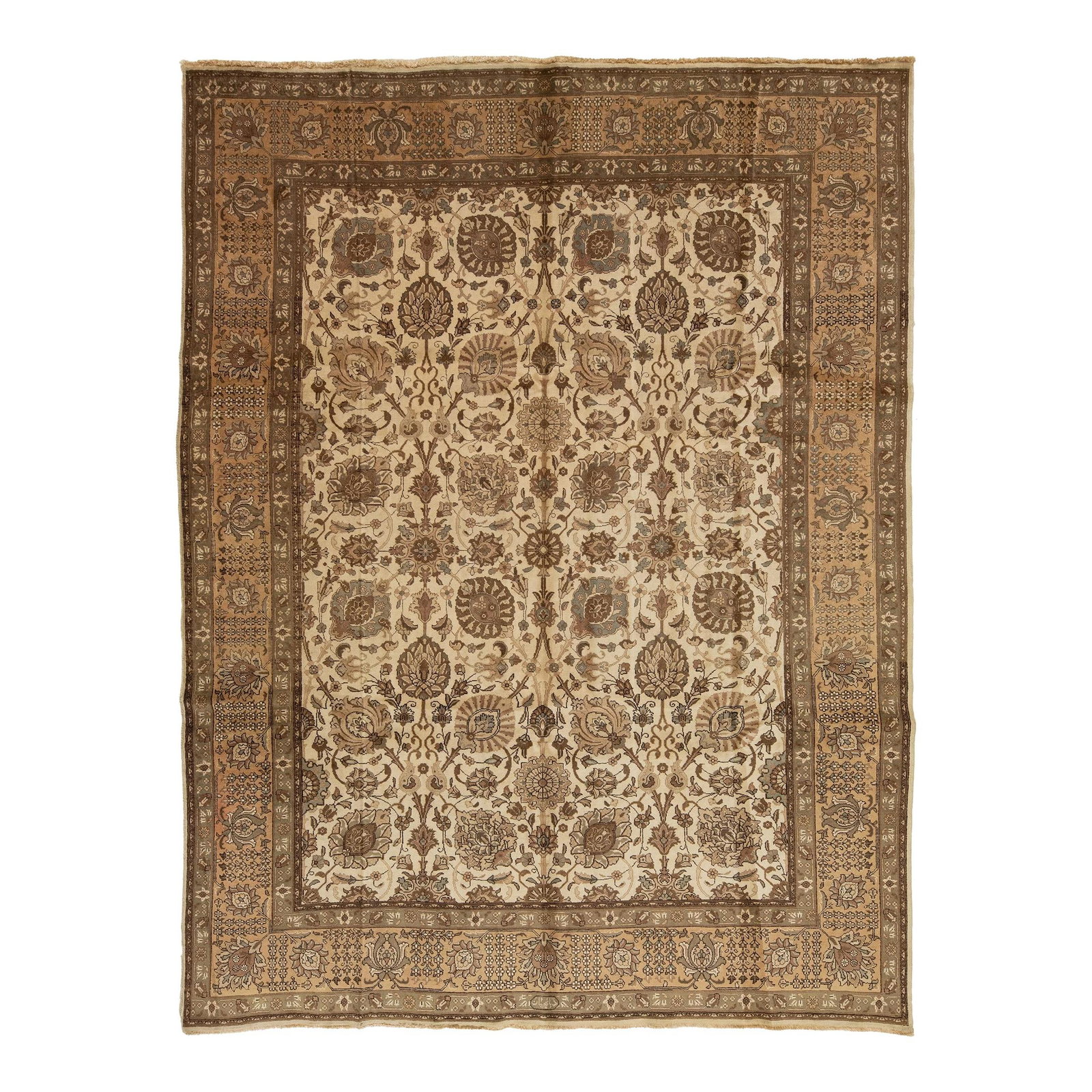 Handmade Antique Persian Tabriz Floral Wool Rug 9'8 x 12'9 Beige: Handmade Antique Persian Tabriz Floral Wool Rug 9'8 x 12'9 Beige Discover the elegance of this antique Tabriz rug, meticulously hand-knotted from high-quality wool. This stunning piece features a capt