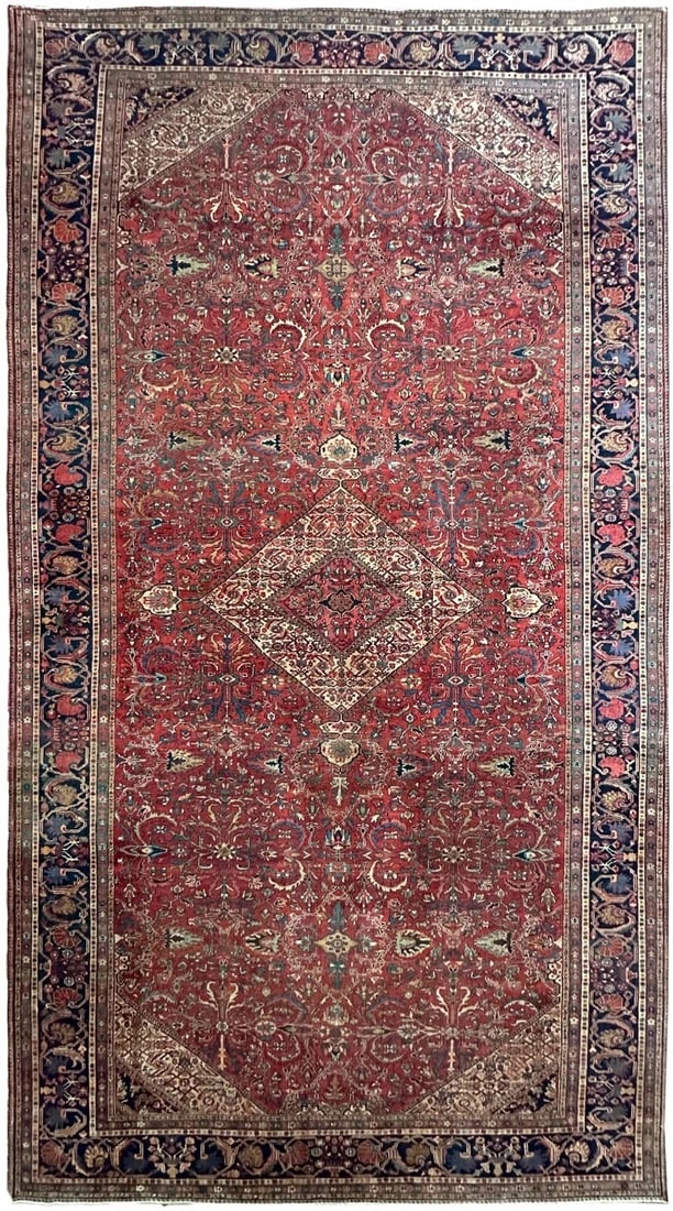 Antique Persian Mahal Wool Rug 11x19 Hand Knotted Geometric Medallion: Antique Persian Mahal Wool Rug 11x19 Hand Knotted Geometric Medallion This is an antique Persian Mahal rug from around 1880, featuring a fine hand-knotted weave and a bold geometric medallion design. 