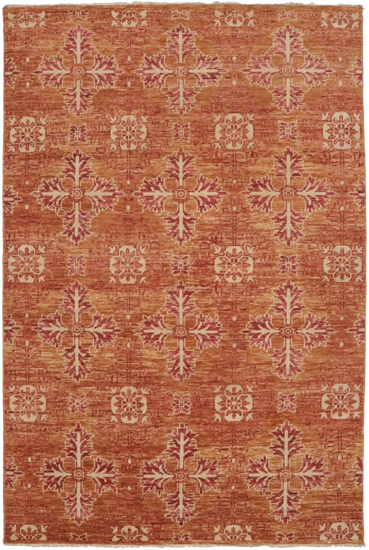 Hand-Knotted Wool Area Rug 5'10 x 8'10 Transitional Floral Pattern Rust Orange: Hand-Knotted Wool Area Rug 5'10 x 8'10 Transitional Floral Pattern Rust Orange This hand-knotted oriental rug features a transitional floral pattern in rust orange, cream, maroon, and red tones. Made 