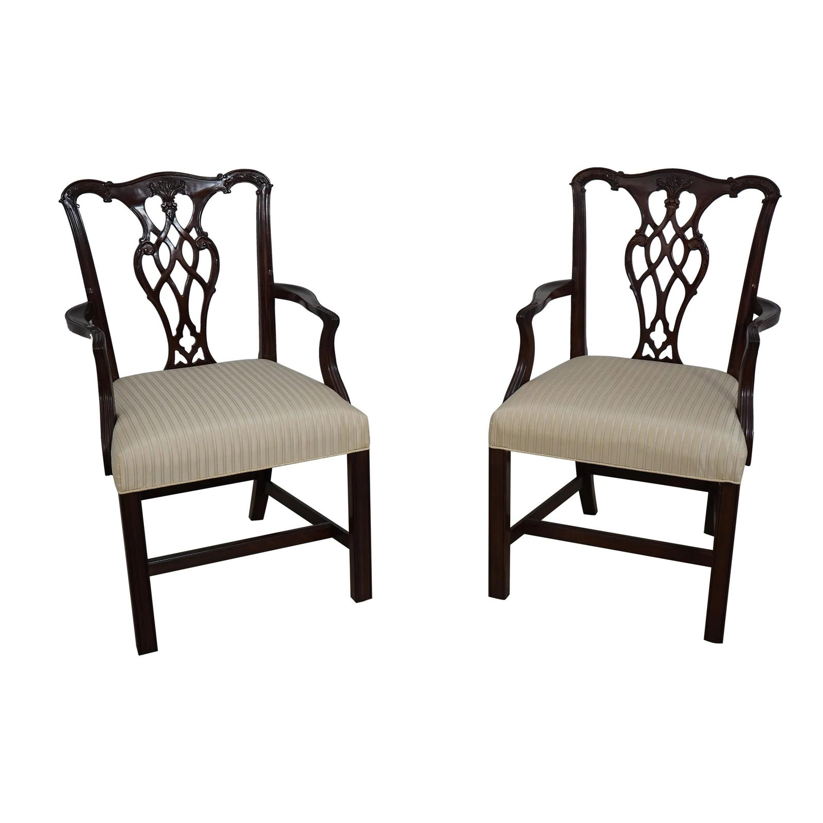 Elegant Pair of Councill Craftsmen Chippendale Carved Armchairs: Elegant Pair of Councill Craftsmen Chippendale Carved Armchairs This elegant pair of Chippendale carved open armchairs showcases timeless craftsmanship and a refined design inspired by the 18th centur