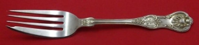 Dominick and Haff King Sterling Silver Serving Fork 8 5/8: Dominick and Haff King Sterling Silver Serving Fork 8 5/8 Sterling silver cold meat fork in the King pattern by Dominick & Haff. This serving fork measures 8 5/8 in and is monogrammed, with monos vary
