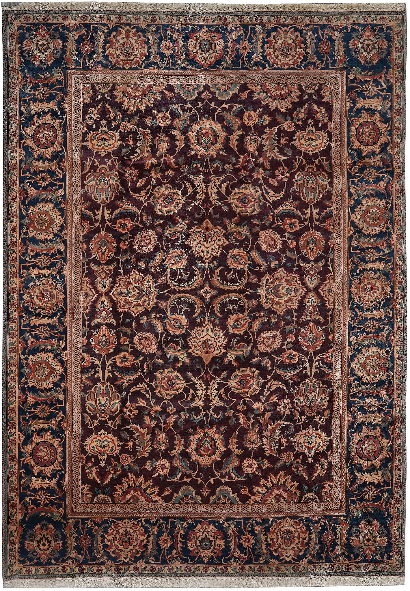 8 x 11 Handmade Wool Rug Burgundy Blue Floral: 8 x 11 Handmade Wool Rug Burgundy Blue Floral Free continental US Shipping This 8 x 11 handmade rug features rich burgundy and blue tones with classic floral and ornamental motifs. Hand-knotted by ski