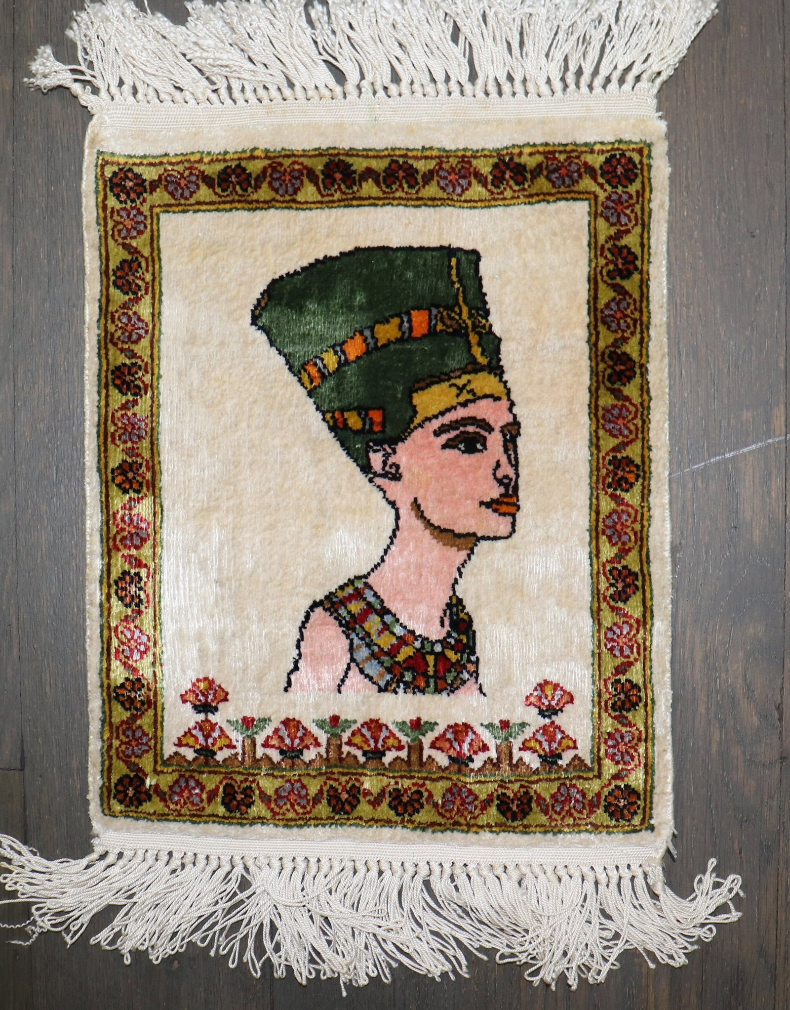 10" x 1' 4" Egyptian Silk Pictorial Yastik Rug: 10" x 1' 4" Egyptian Silk Pictorial Yastik Rug Late 20th century Egyptian pictorial mini rug in silk. This pre-owned yastik features a pictorial design and compact size suitable for display or decorat