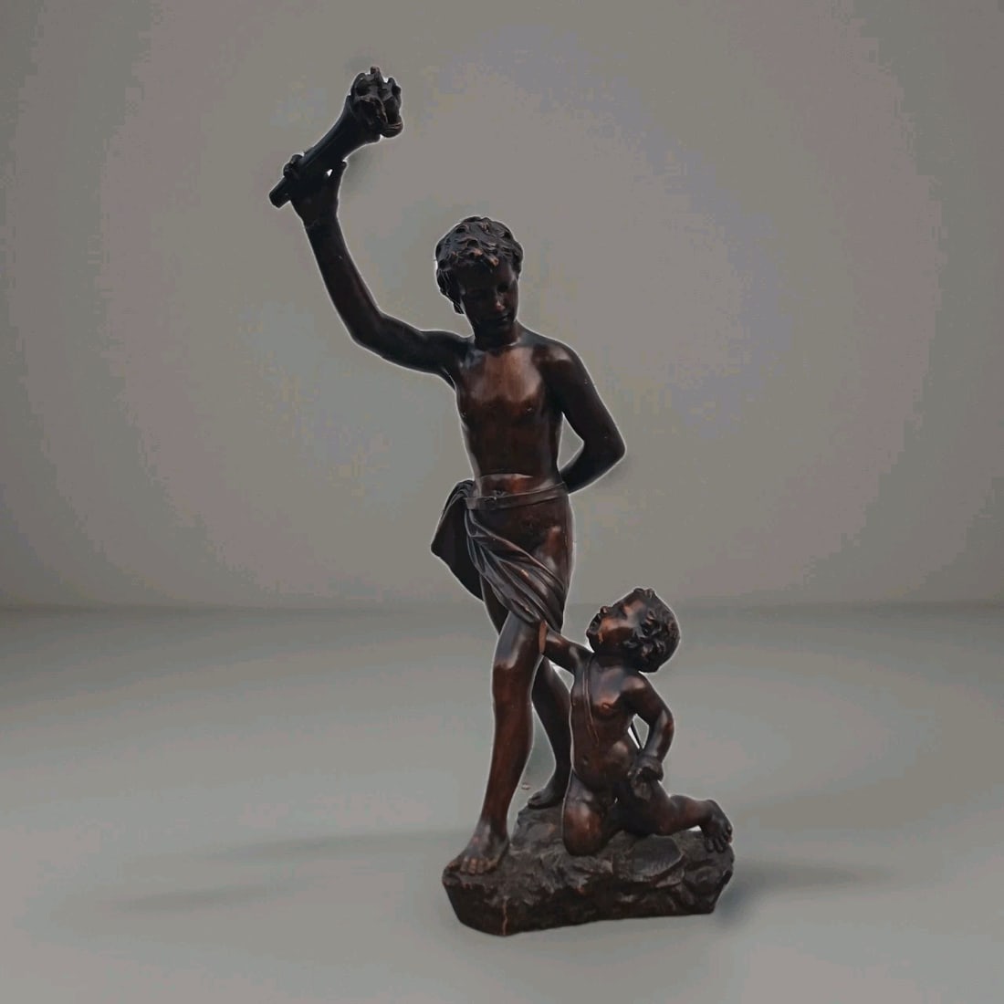 French School carved wood maquette of cherub and boy 39.5 in: French School carved wood maquette of cherub and boy 39.5 in Large original carved wood maquette sculpture from the second half of the 19th century, attributed to the French School. The composition de