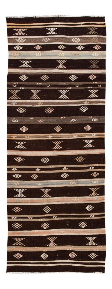 Mid-Century Vintage Kilim Wool Runner Rug 3'4 x 9 Brown Motif: Mid-Century Vintage Kilim Wool Runner Rug 3'4 x 9 Brown Motif Enhance your living space with this exquisite Mid-20th Century Vintage Kilim Wool Runner Rug. Featuring a stunning all-over brown motif, t