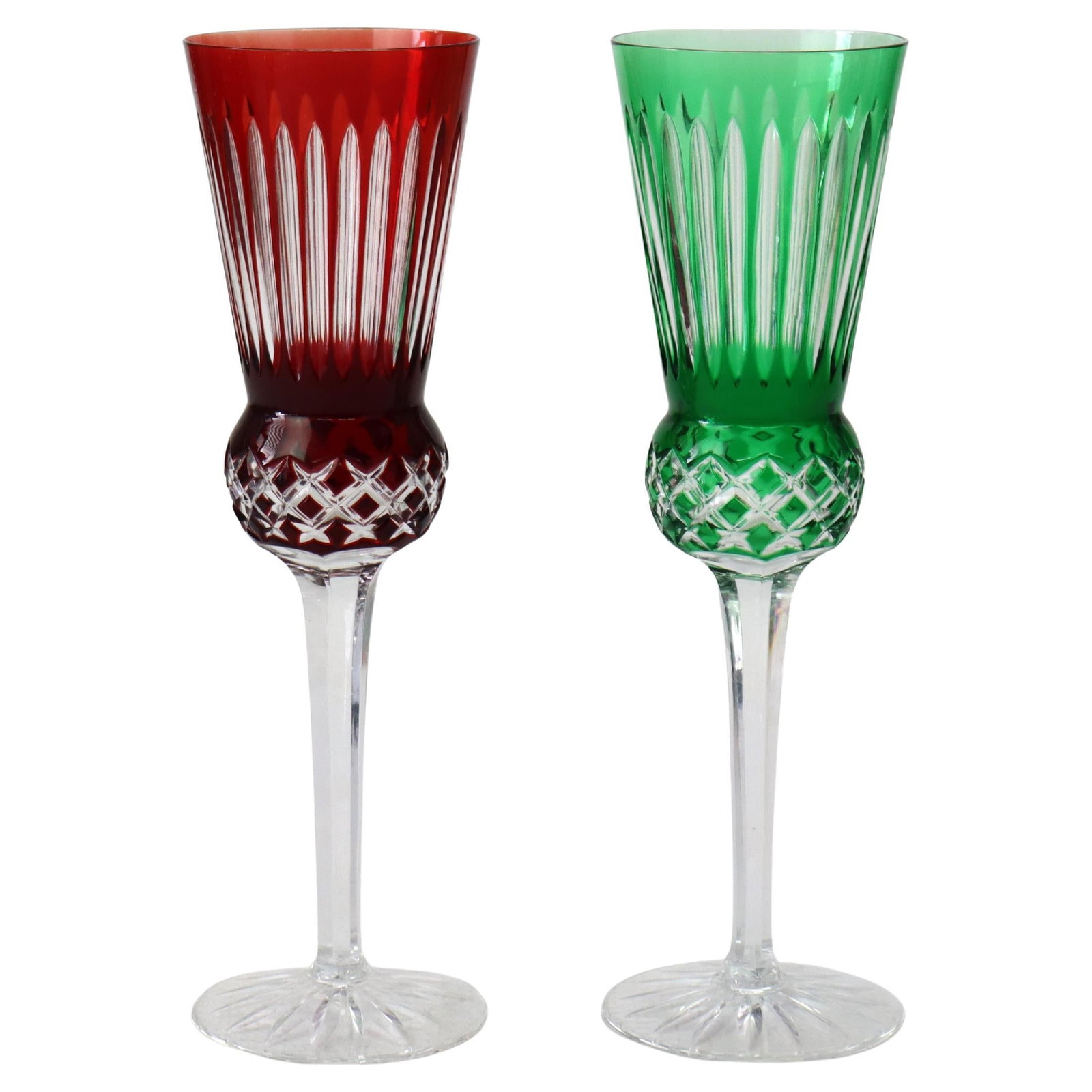 Pair of Early 1900s Bohemian Ruby and Emerald Cut Crystal Champagne Flutes (1 of 7)