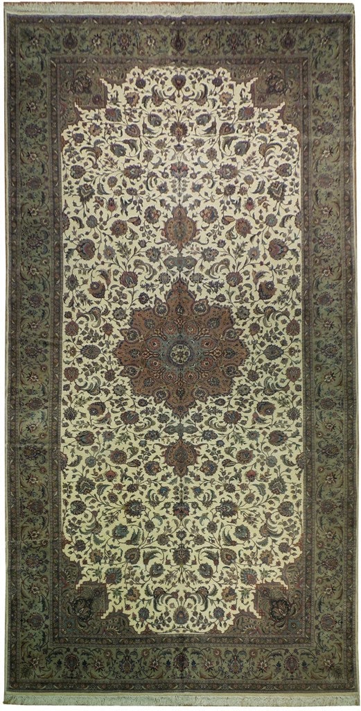 9.9 x 19.9 Ivory Persian Tabriz Runner Rug 400 KPSI Hand-Knotted Iran: 9.9 x 19.9 Ivory Persian Tabriz Runner Rug 400 KPSI Hand-Knotted Iran Free continental US Shipping Discover the exquisite craftsmanship of this 9.9' x 19.9' Ivory Quality 400 KPSI Persian Tabriz Rug, 