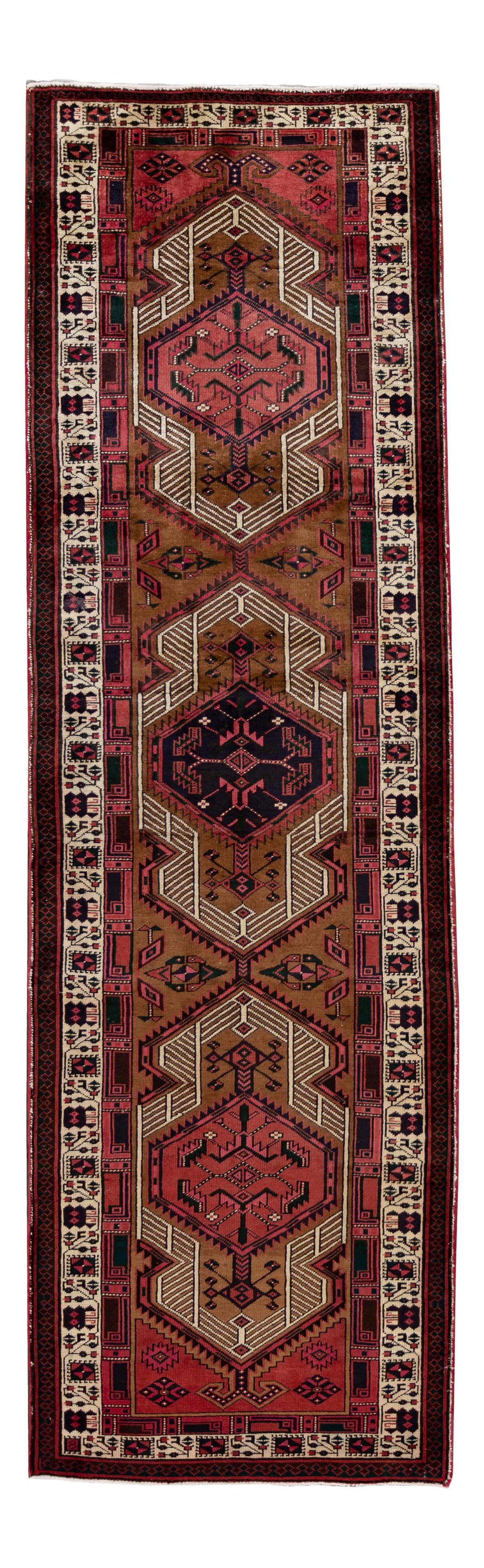 Vintage Heriz Wool Rug 3'4 x 11 Geometric Medallion Design: Vintage Heriz Wool Rug 3'4 x 11 Geometric Medallion Design Enhance your space with this exquisite Vintage Heriz Handmade Wool Rug. Featuring a captivating brown and pink field adorned with multicolor 
