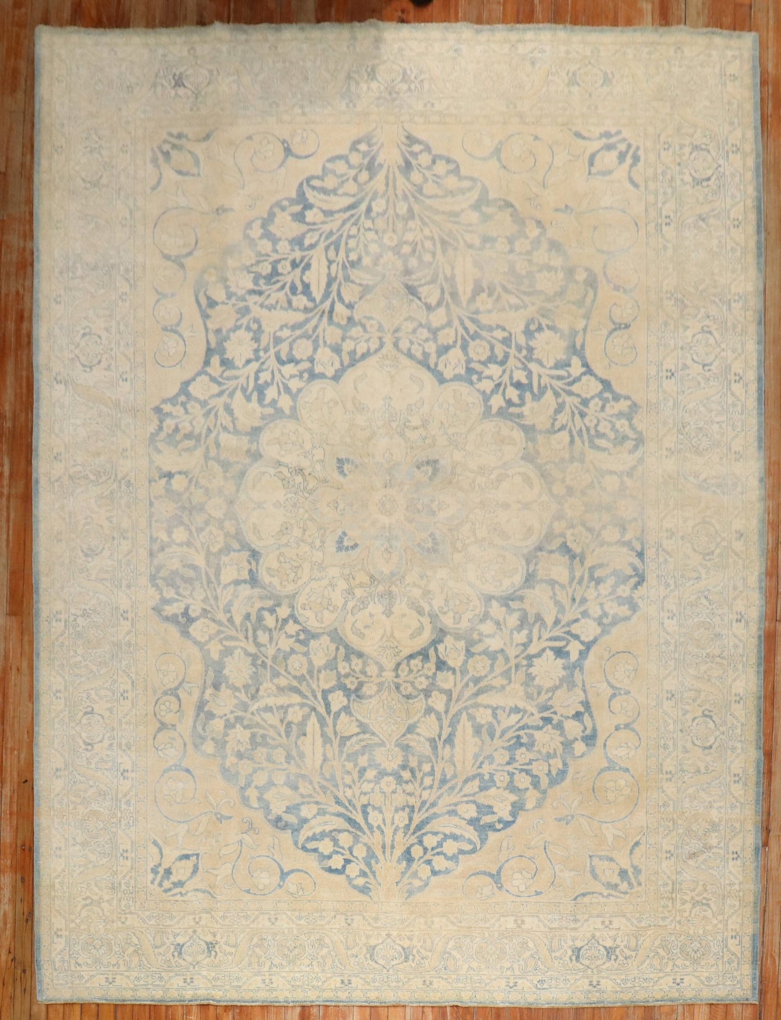 8' 2" x 11' 4" Persian Tabriz Room Rug in Blue Tones: 8' 2" x 11' 4" Persian Tabriz Room Rug in Blue Tones Pre-owned Persian Tabriz formal rug from the 1920s, featuring a blue palette with sand and khaki tones. Designed as a room-size rug, it presents a 