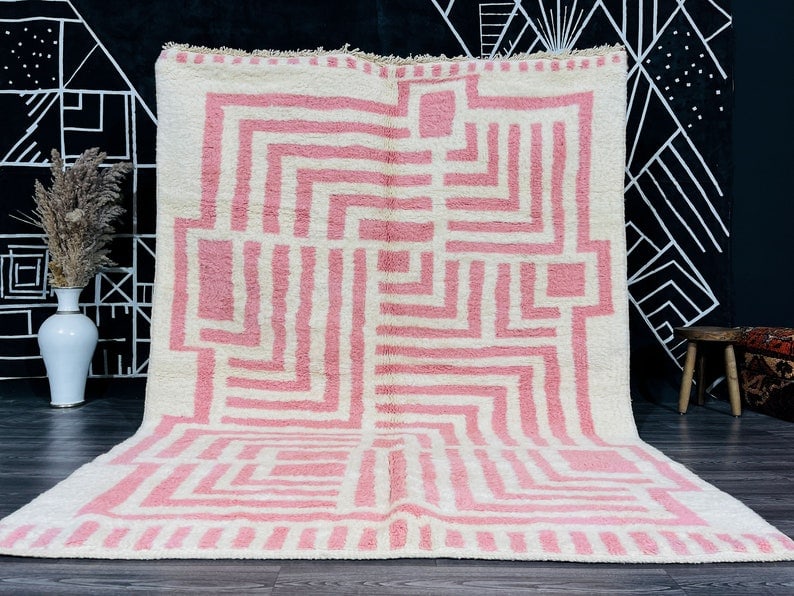 Authentic Handwoven White Pink Rug from Morocco 10 x 6.56 ft: Authentic Handwoven White Pink Rug from Morocco 10 x 6.56 ft Discover the beauty of this Fabulous Authentic White & Pink Rug, meticulously handwoven in the Atlas Mountains by skilled local Berber wome