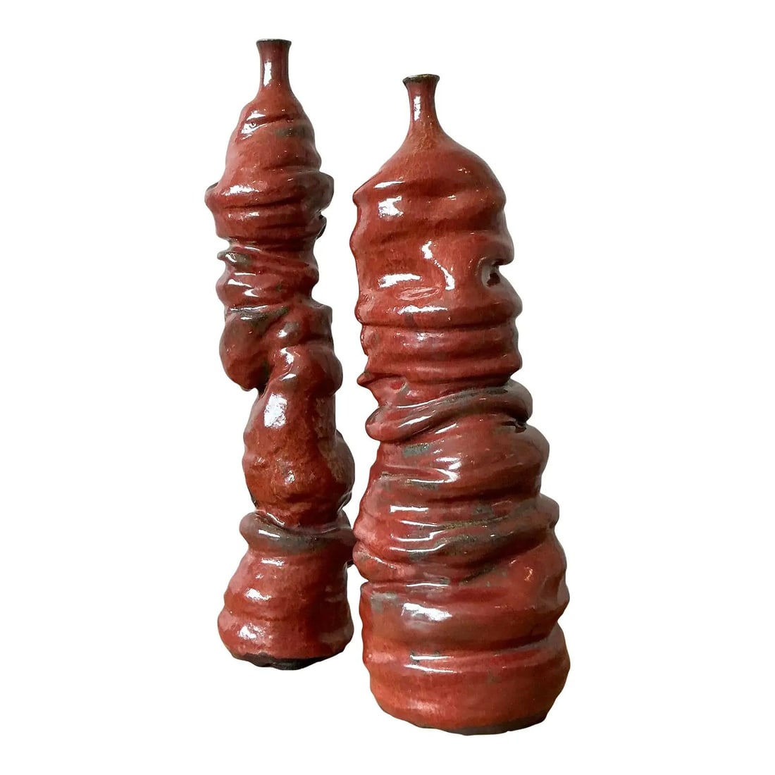 Pair of Handcrafted Bohemian Studio Pottery Vases in Terracotta Finish Set of 2: Pair of Handcrafted Bohemian Studio Pottery Vases in Terracotta Finish Set of 2 This set of two vintage Boho studio pottery vases showcases unique, handcrafted artistry with ribbed and undulating form