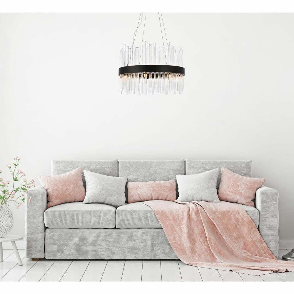 14 Light Black Crystal Chandelier Dallas 20 inch: 14 Light Black Crystal Chandelier Dallas 20 inch This modern black chandelier features 14 lights and is designed with high-quality crystal and metal materials. The chandelier is suitable for indoor sp