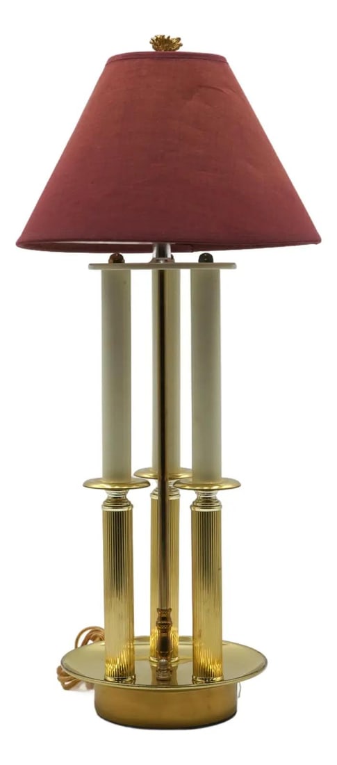 Solid Brass Bouillette Table Lamp with 3 Columns and 2 Lights: Solid Brass Bouillette Table Lamp with 3 Columns and 2 Lights 1980s bouillette table lamp with a 3-column design and 2-light configuration. Made of brass with solid brass hardware, this piece shows hi