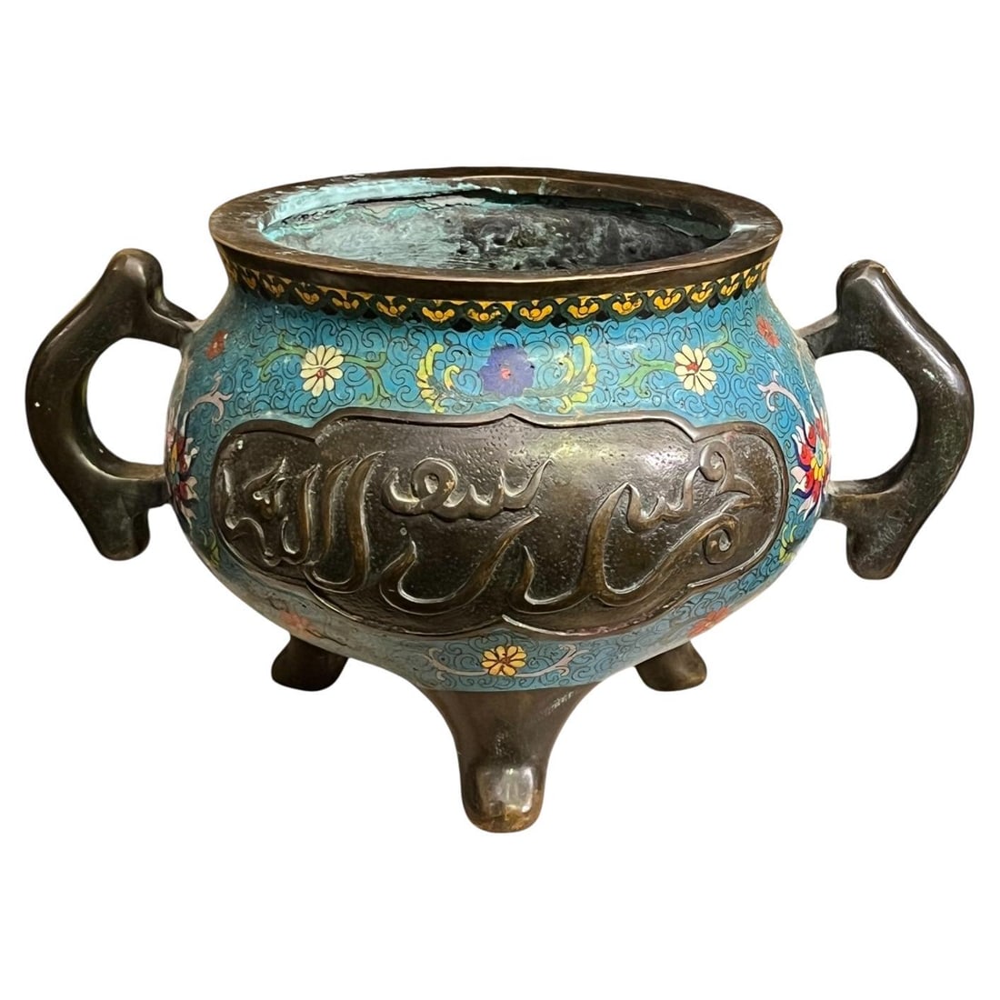 Chinese Bronze Cloisonne Tripod Ding Censer Qianlong Style Islamic Market: Chinese Bronze Cloisonne Tripod Ding Censer Qianlong Style Islamic Market Vintage Chinese tripod ding censer or koro in bronze with cloisonne enameled decoration, made in the 18th century Qianlong sty
