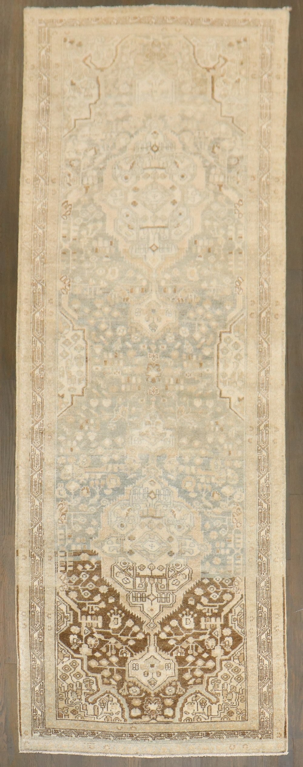 3' 4" x 9' 2" Persian Malayer Runner with Multiple Medallions: 3' 4" x 9' 2" Persian Malayer Runner with Multiple Medallions Persian Malayer runner from the 2nd quarter of the 20th century, featuring multiple medallions and neutral abrashed colors. Pre-owned cond