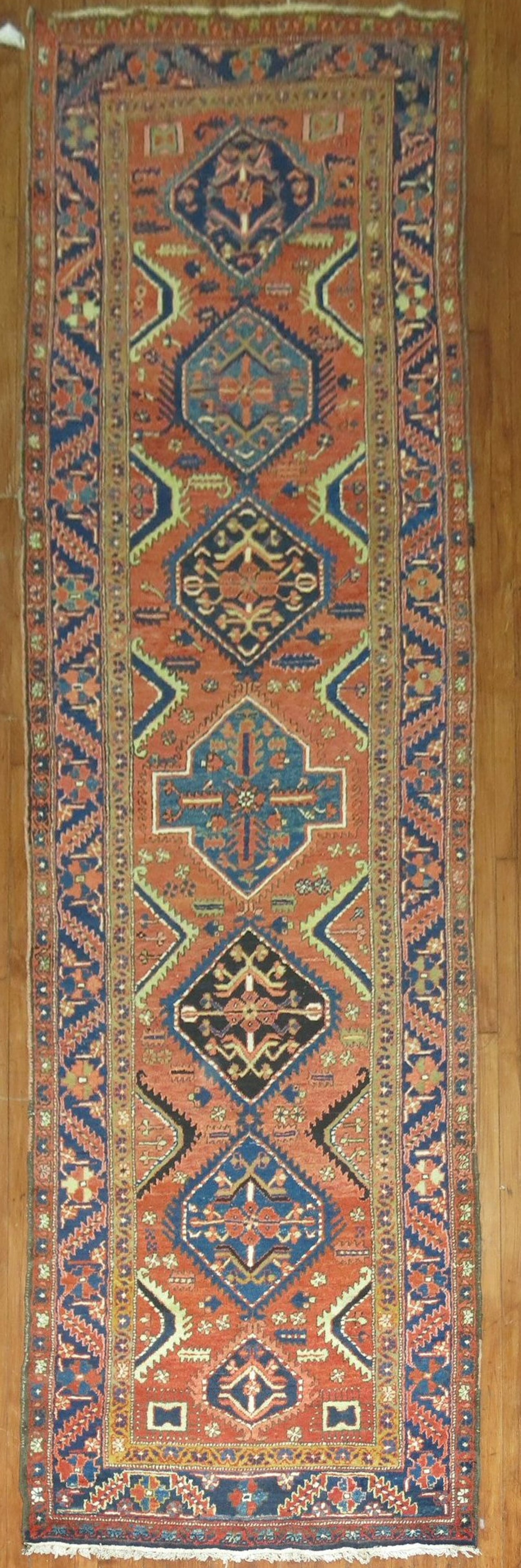 3' 10" x 14' 9" Persian Serapi Heriz Gallery Runner: 3' 10" x 14' 9" Persian Serapi Heriz Gallery Runner Early 20th century Persian Heriz runner with a wide gallery-style format. Identified as a Serapi/Heriz type, this pre-owned rug offers the classic c