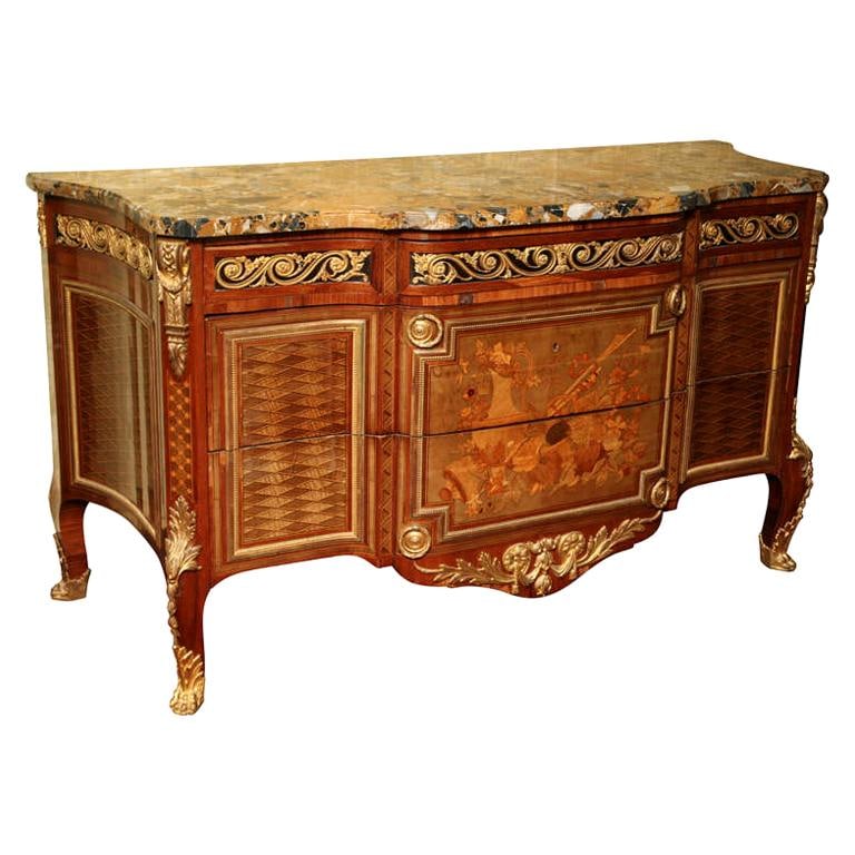 French Louis XVI Style Marble Top Marquetry Commode 64 in (1 of 10)