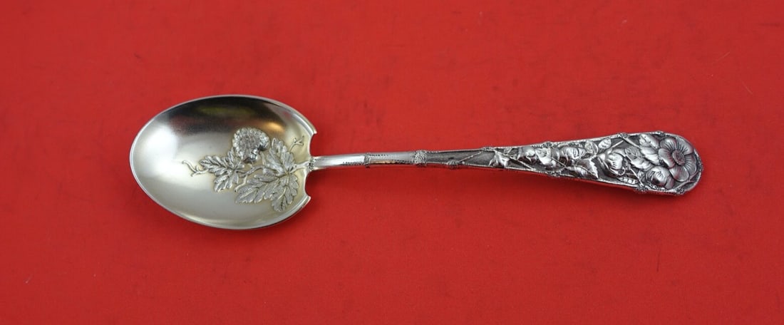 Gorham Eglantine Sterling Silver Preserve Spoon 7 inch with Strawberries: Gorham Eglantine Sterling Silver Preserve Spoon 7 inch with Strawberries This exquisite preserve spoon from the Eglantine pattern by Gorham is crafted from sterling silver and features a charming desi