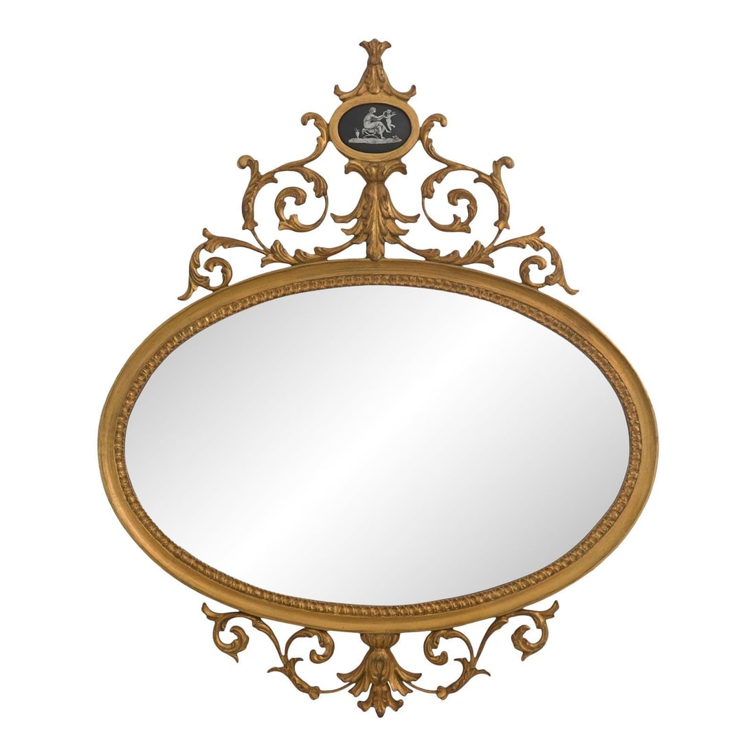 French Style Oval Wall Mirror with Gold Gilt Frame and Porcelain Medallion: French Style Oval Wall Mirror with Gold Gilt Frame and Porcelain Medallion This Carvers Guild wall mirror features an oval shape inspired by the Louis XV French style. It is crafted with a gold gilt f