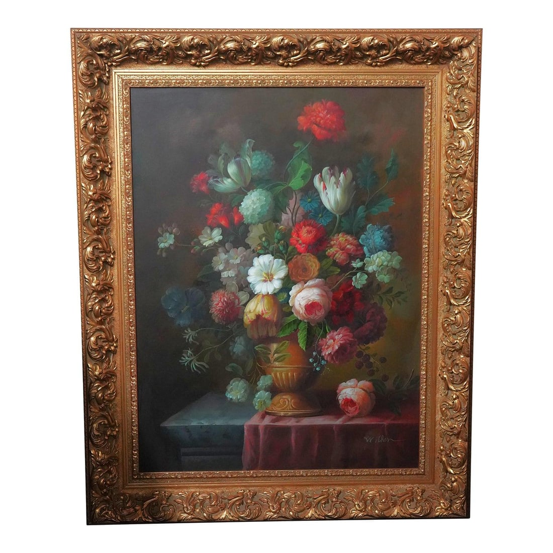 Artist Signed Floral Still Life Oil on Canvas in Frame 41w x 3d x 51h: Artist Signed Floral Still Life Oil on Canvas in Frame 41w x 3d x 51h Large artist-signed oil painting on canvas depicting a floral still life in a vase. This impressive piece is presented in an ornat