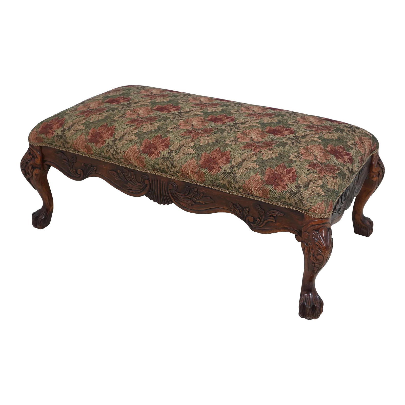Floral Upholstered Carved Paw Foot Ottoman 50x28x20: Floral Upholstered Carved Paw Foot Ottoman 50x28x20 This large and impressive ottoman features a stunning floral upholstery that is brand new, adding a vibrant touch to any decor. Its carved paw feet 
