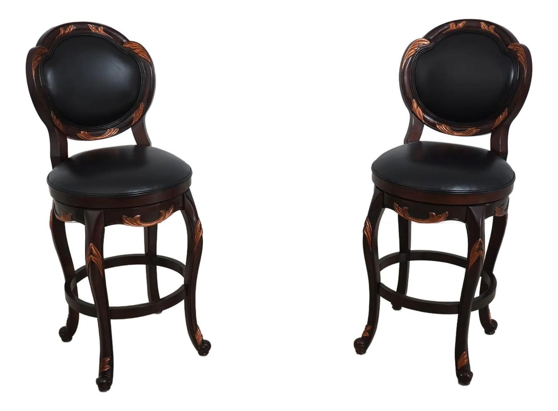 French Style Revolving Bar Stool Chairs Black Faux Leather Pair: French Style Revolving Bar Stool Chairs Black Faux Leather Pair This elegant pair of French style revolving seat counter bar stools adds a touch of sophistication to any space. Featuring comfortable b