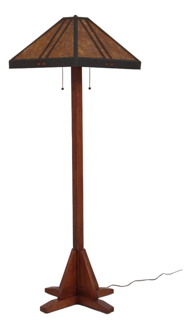 Mission style 2-light oak floor lamp with mica shade 62h (1 of 10)
