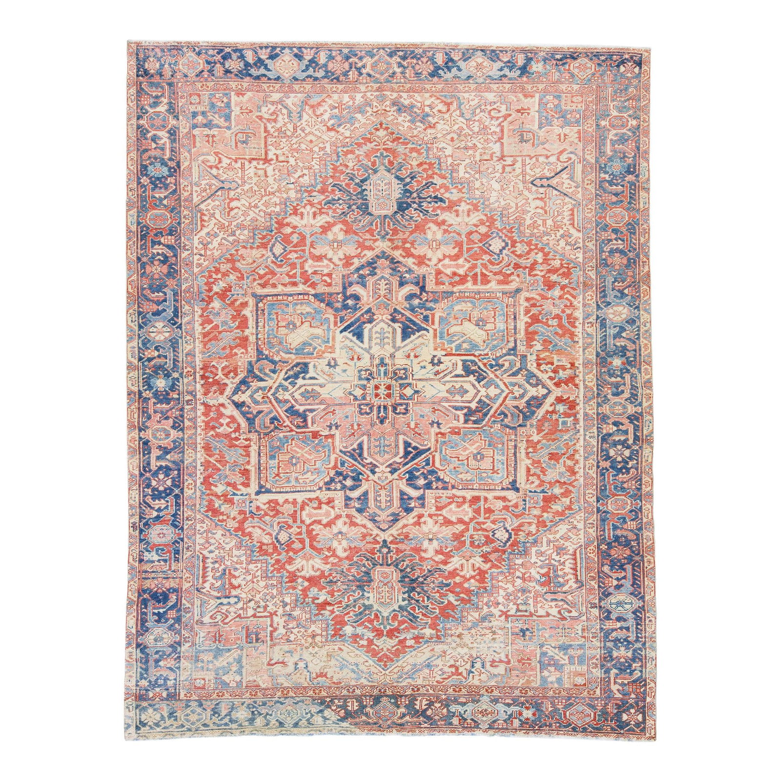 Antique Persian Heriz Wool Rug 8'3 x 10'9 Pink Medallion Design: Antique Persian Heriz Wool Rug 8'3 x 10'9 Pink Medallion Design Discover the elegance of this beautiful antique Heriz hand-knotted wool rug, featuring a striking peach color field. The design showcase