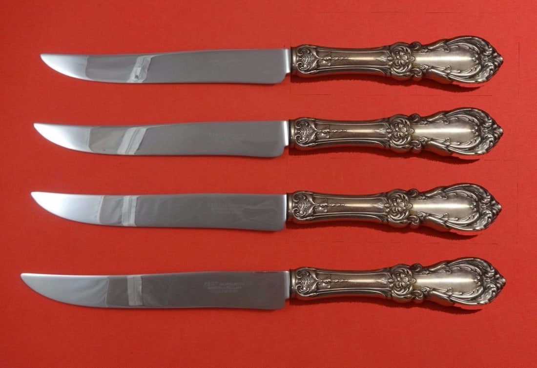 Reed and Barton Burgundy Sterling Silver Texas Sized Steak Knife Set 4-Piece: Reed and Barton Burgundy Sterling Silver Texas Sized Steak Knife Set 4-Piece Introducing the Burgundy by Reed and Barton Sterling Silver Steak Knife Set, a stunning 4-piece collection that embodies th