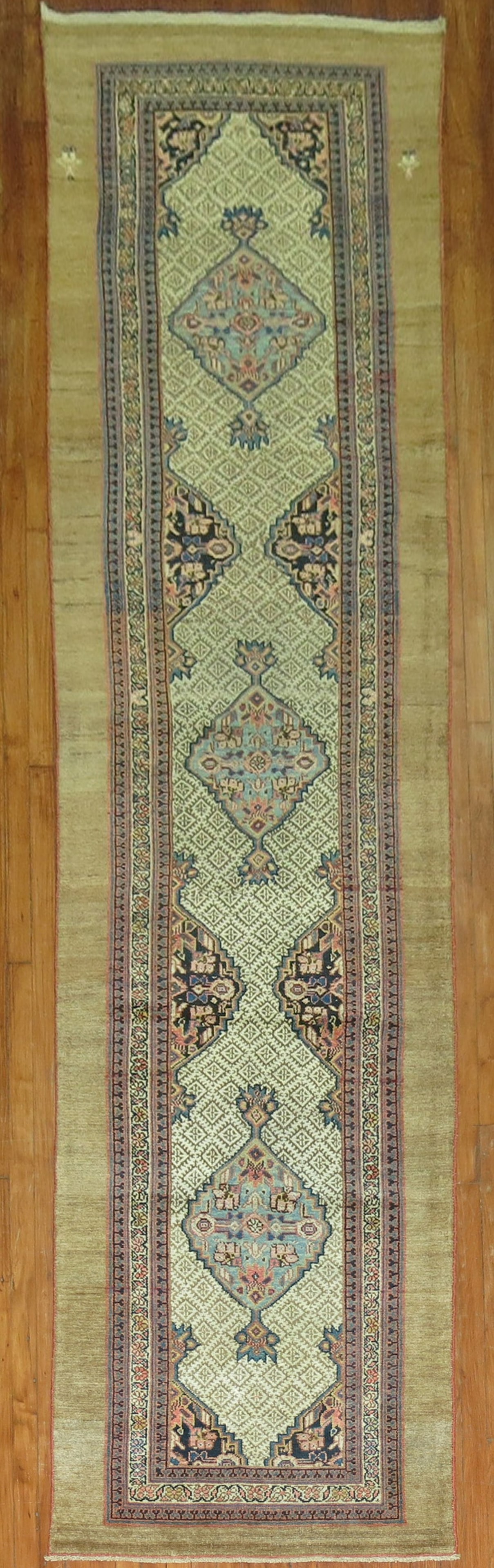 3' 2" x 13' 2" Persian Serab runner camel field: 3' 2" x 13' 2" Persian Serab runner camel field Early 20th century Persian Serab runner featuring a tribal all-over motif with medallions and light blue accents. This pre-owned antique runner offers t