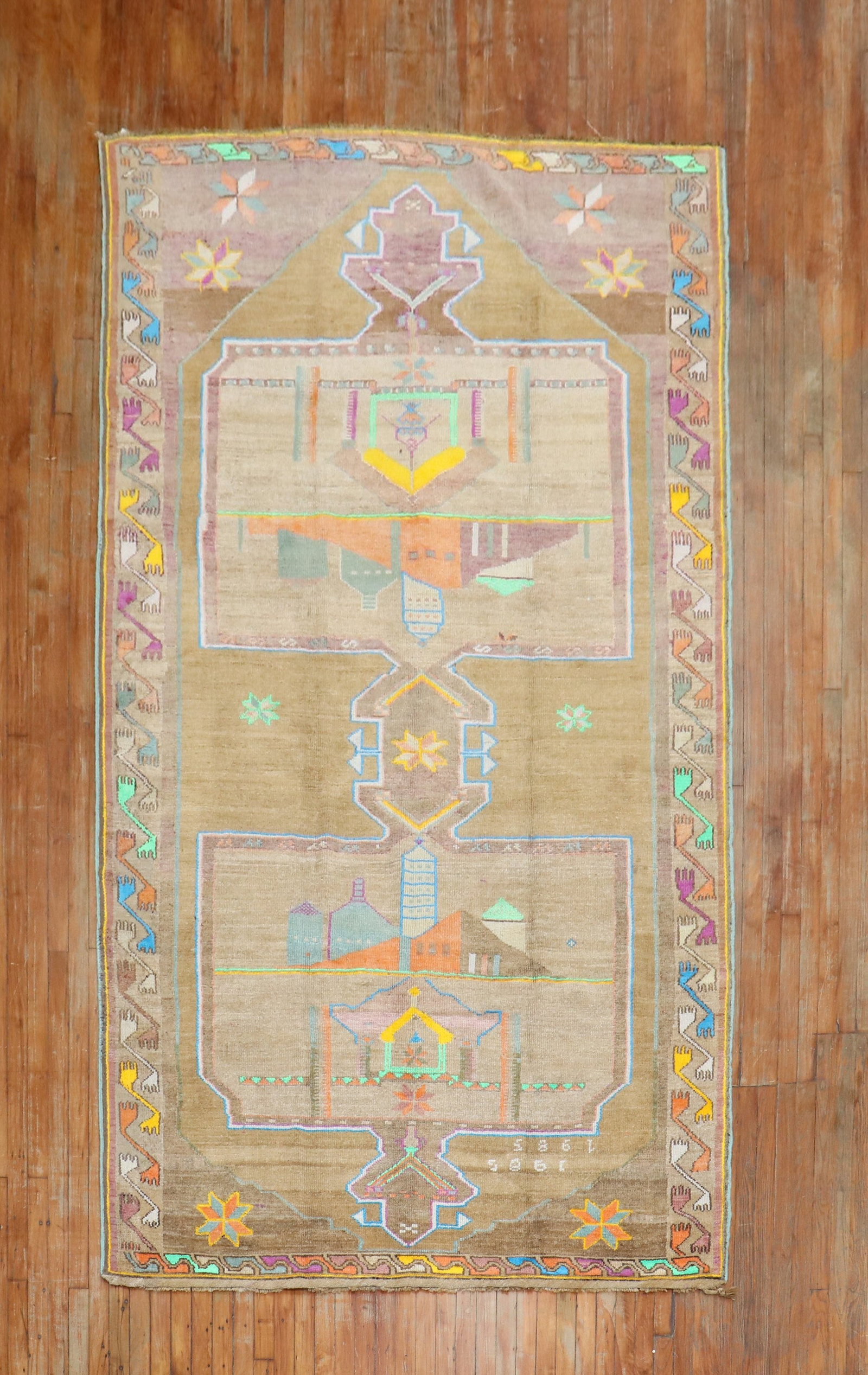 5' 1" x 11' 4" Turkish Kars Gallery Rug dated 1985: 5' 1" x 11' 4" Turkish Kars Gallery Rug dated 1985 20th century Turkish Kars gallery rug dated 1985. This pre-owned rug features a geometric design and vibrant color palette consistent with the provid
