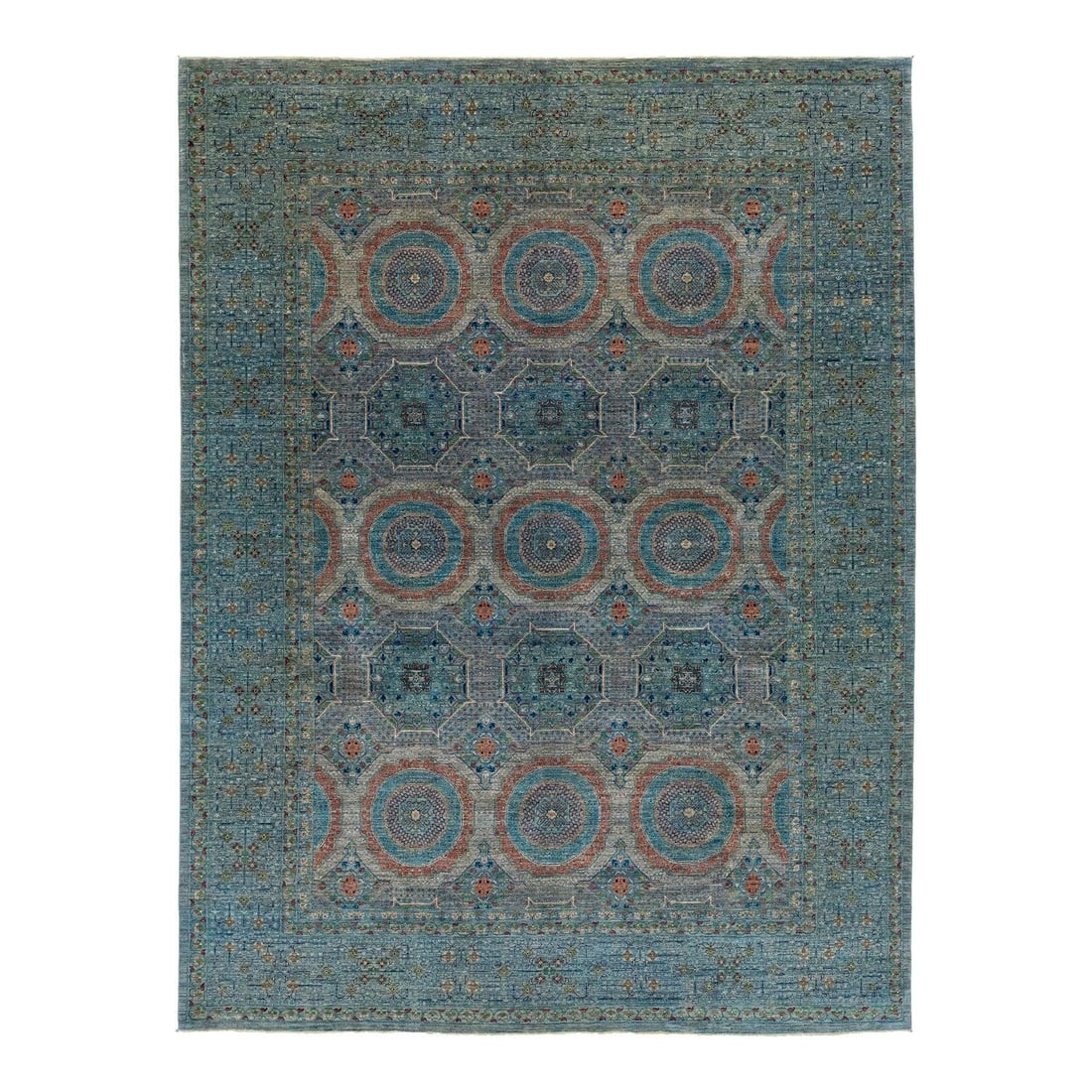 Geometric Pattern Blue Modern Mamluk Wool Rug 9'1 x 12'1: Geometric Pattern Blue Modern Mamluk Wool Rug 9'1 x 12'1 Enhance your space with this stunning Blue Modern Mamluk Wool Rug. Featuring a sophisticated gray background adorned with vibrant multicolored 