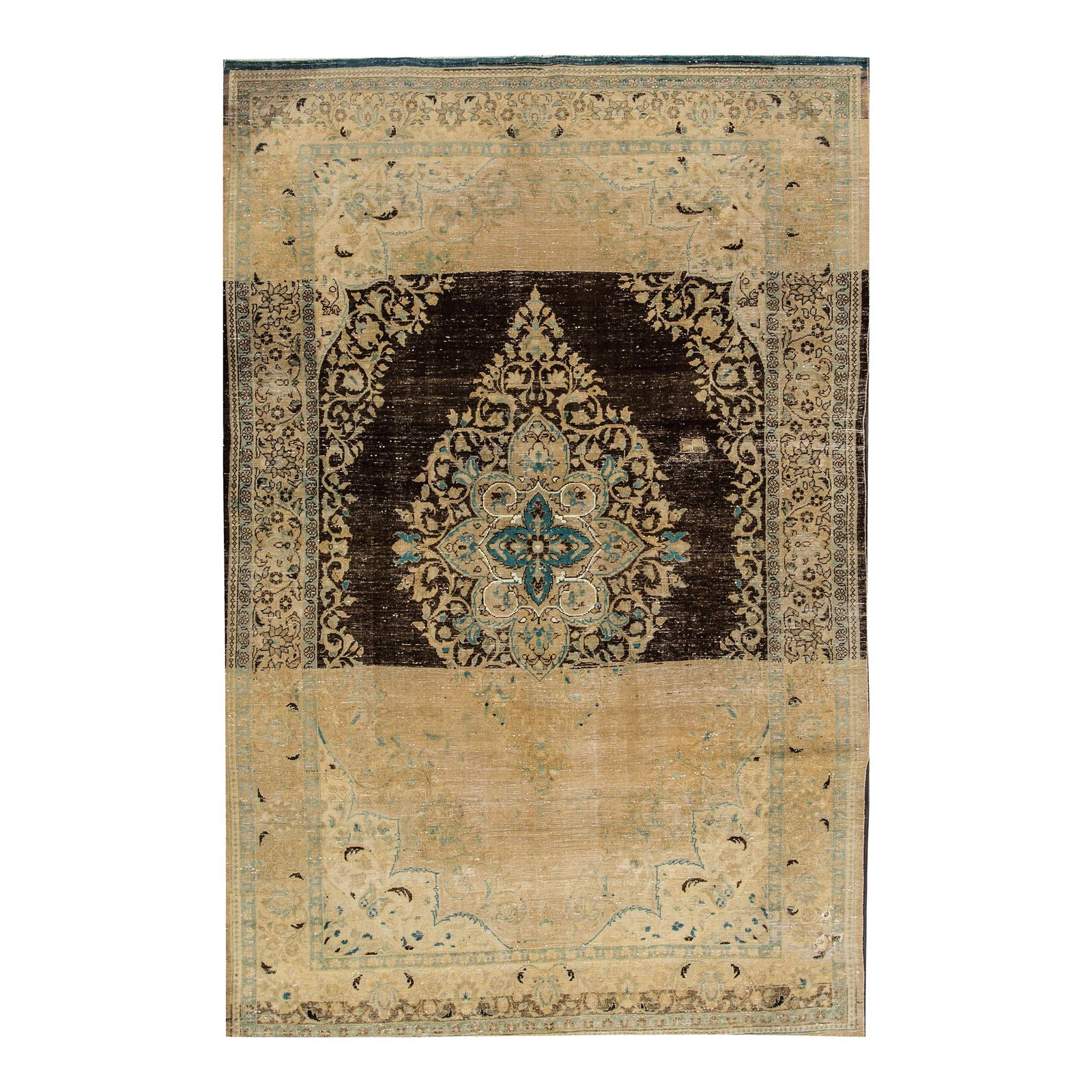 Vintage Persian Tabriz Brown Wool Rug 6'10 x 10'8 Medallion Design: Vintage Persian Tabriz Brown Wool Rug 6'10 x 10'8 Medallion Design Discover the charm of this vintage Persian Tabriz hand-knotted wool rug, featuring a rich brown field adorned with beige and teal acc