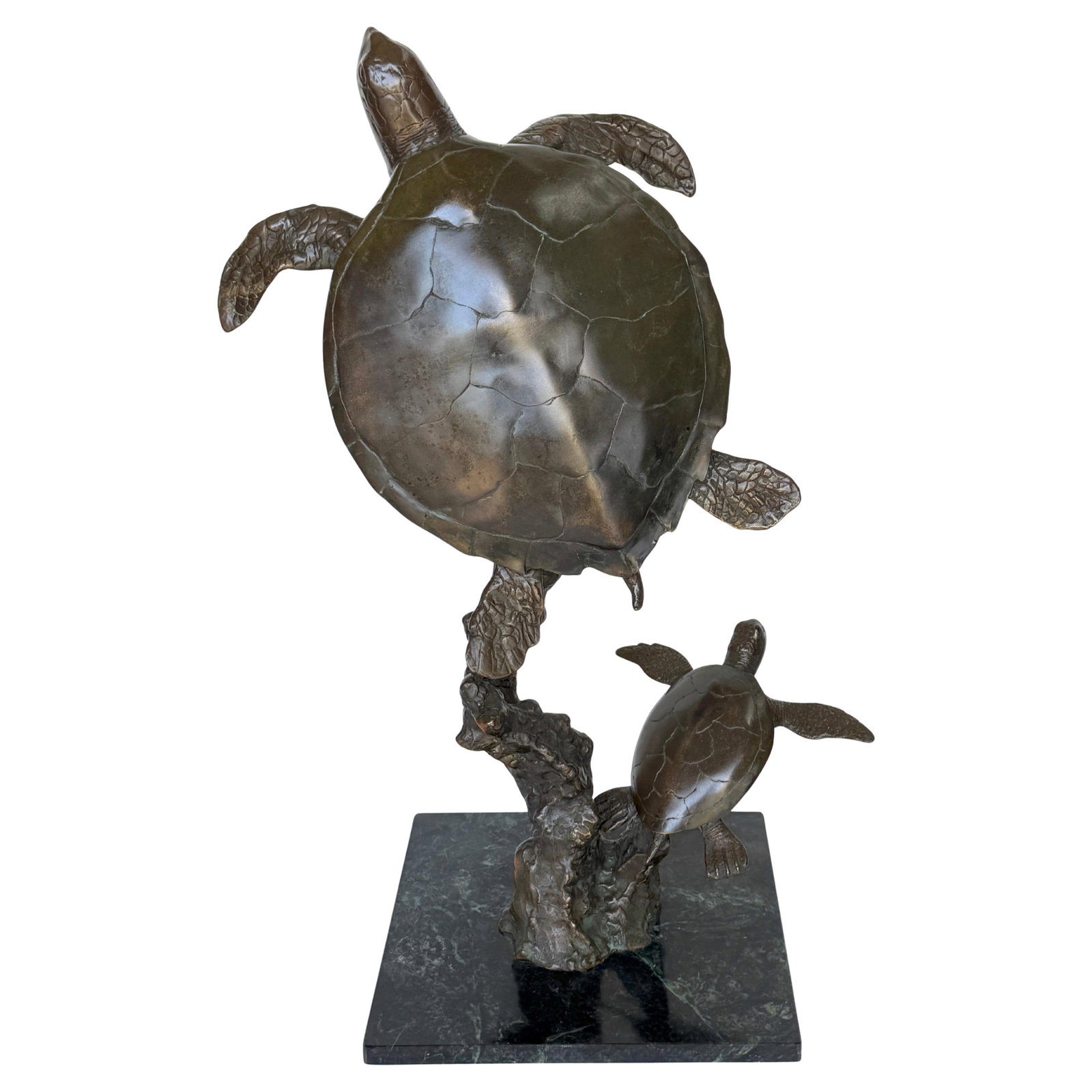 Large Modern Bronze Sea Turtle Art Sculpture with Marble Base Late 20th Century: Large Modern Bronze Sea Turtle Art Sculpture with Marble Base Late 20th Century This monumental bronze sculpture features two sea turtles in dynamic upward motion, skillfully crafted with exceptional 