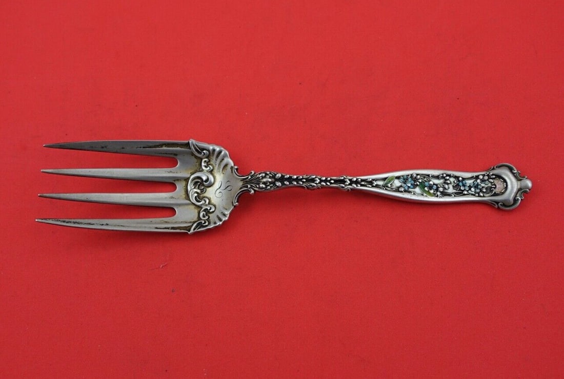 Whiting Dresden Sterling Silver Enameled Cold Meat Fork 9": Whiting Dresden Sterling Silver Enameled Cold Meat Fork 9" This exquisite cold meat fork, crafted by Whiting, features the elegant Dresden pattern and is made of high-quality sterling silver. Measurin