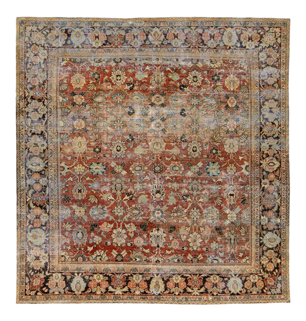 Antique Persian Mahal Handmade Wool Rug Floral Motif 8'11 x 9'3 Brick Red: Antique Persian Mahal Handmade Wool Rug Floral Motif 8'11 x 9'3 Brick Red Discover the elegance of an antique Persian Mahal rug, expertly hand-knotted from quality wool. This stunning piece features a