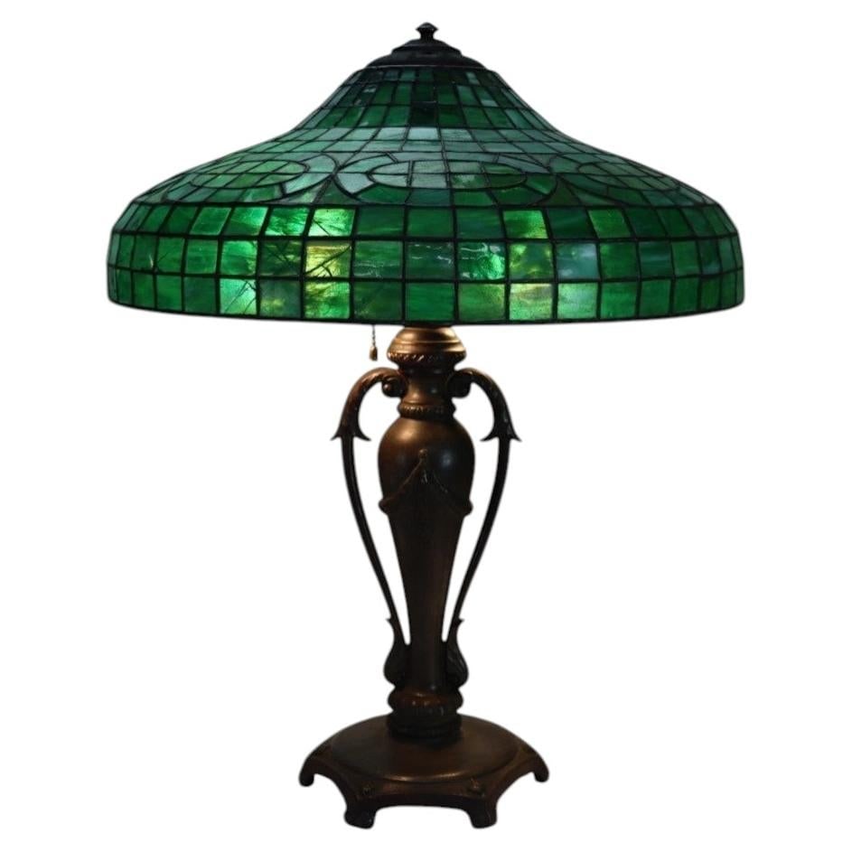 Green leaded stained glass table lamp in the style of Tiffany c1920 (1 of 13)