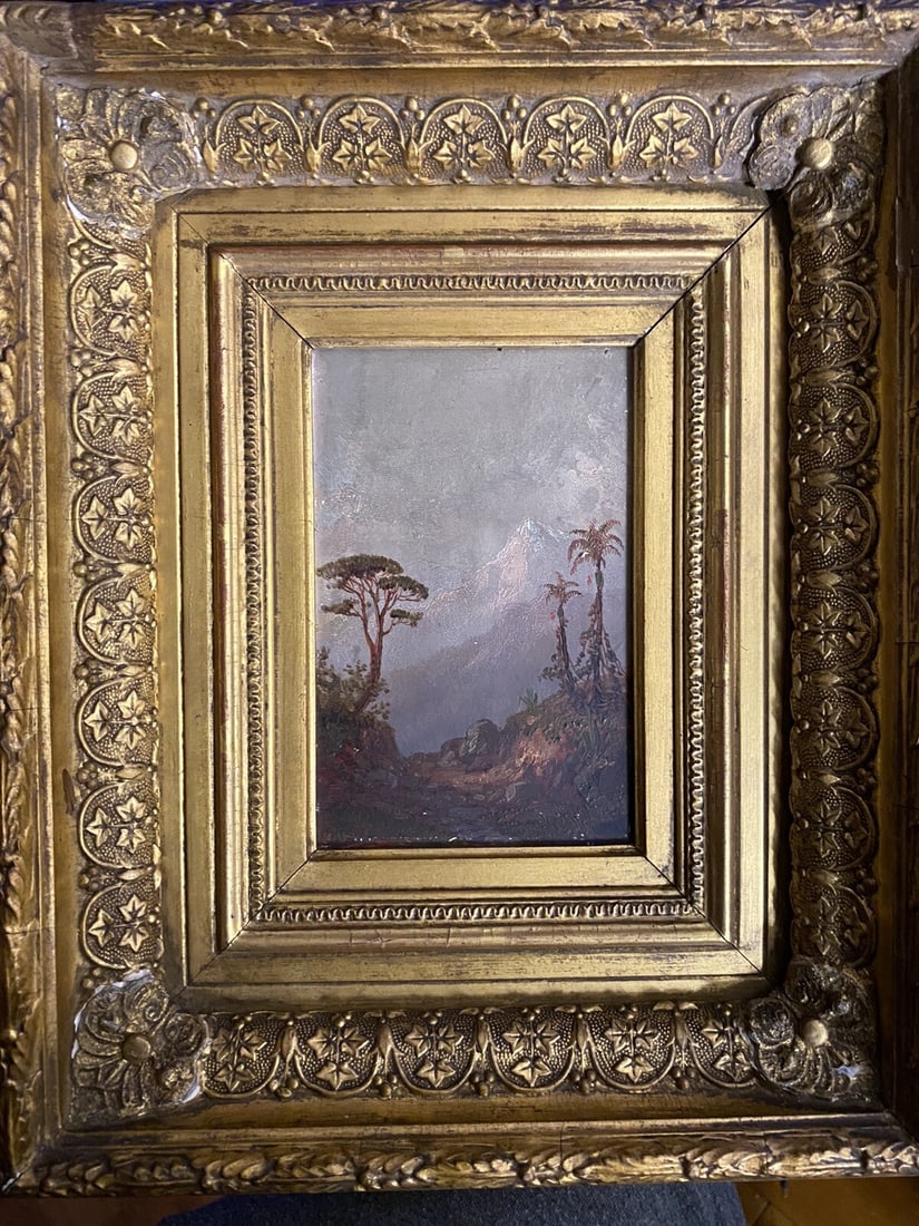 Framed Luminist Landscape Painting Oil on Paper Board Chimborazo Study: Framed Luminist Landscape Painting Oil on Paper Board Chimborazo Study Antique 19th century luminist oil painting on artist board, depicting a landscape identified as Chimborazo, Ecuador. This origina