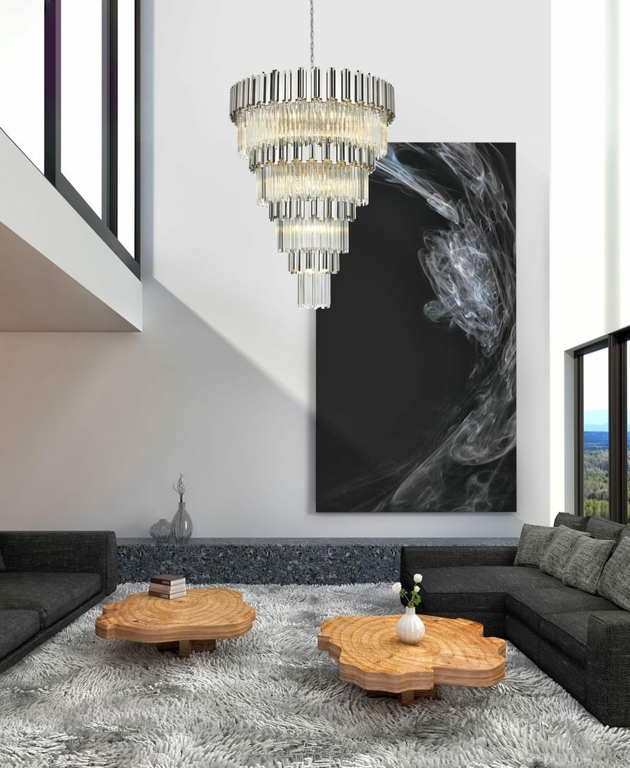 Elegant Willow 27 Light Crystal Chandelier Polished Chrome 52.3 in: Elegant Willow 27 Light Crystal Chandelier Polished Chrome 52.3 in A large modern crystal chandelier with a polished chrome finish and clear royal cut crystals. It is a hardwired indoor fixture with 2