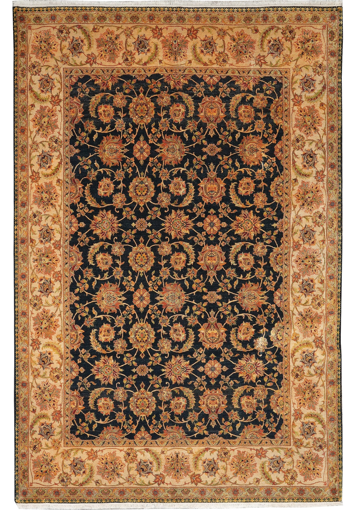Handmade Jaipur Style Pakistani Wool Rug 9 x 12.9 Black Gold: Handmade Jaipur Style Pakistani Wool Rug 9 x 12.9 Black Gold Free continental US Shipping This handmade Jaipur-style rug features a dramatic black background with intricate gold-toned motifs, inspired