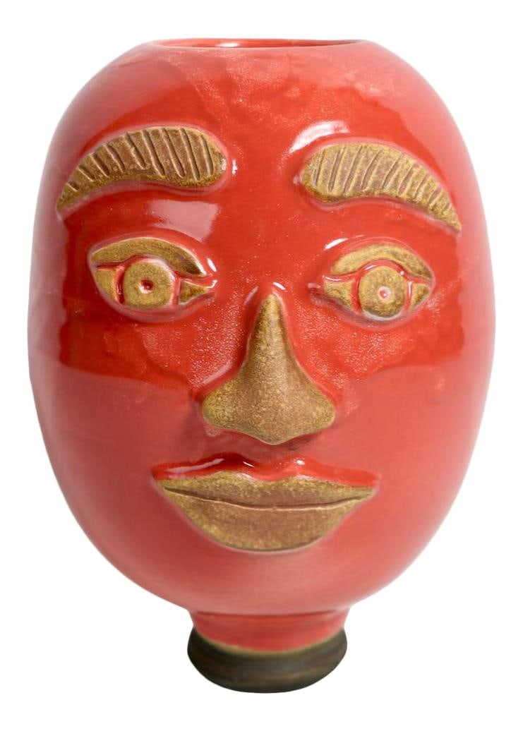 Post Modern Studio Pottery Vase Mans Head Gold Scraffito Orange (1 of 10)