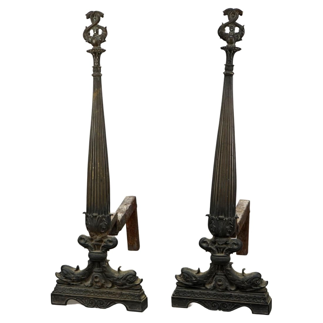 Set of Two French Empire Bronze Andirons with Dolphin Motifs 19th Century (1 of 13)
