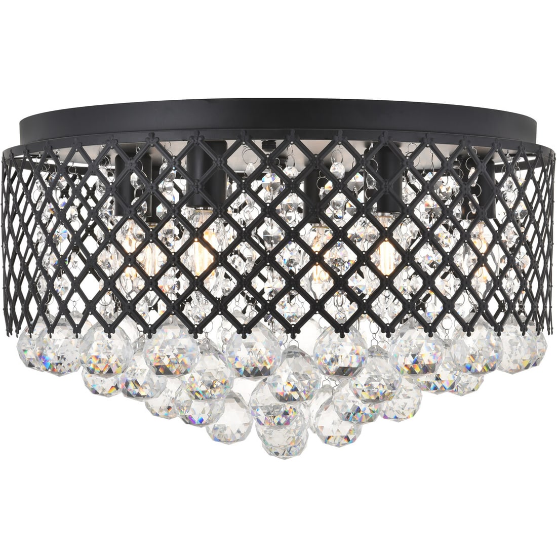 Living District Tully 6 Light Matte Black Flush Mount Chandelier: Living District Tully 6 Light Matte Black Flush Mount Chandelier This modern flush mount chandelier features a matte black finish and is designed with royal cut clear crystal balls, creating an elegan