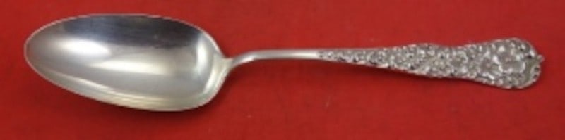 Dominick Haff Rococo Sterling Silver Serving Spoon 8 1 2: Dominick Haff Rococo Sterling Silver Serving Spoon 8 1 2 This is a sterling silver serving spoon in the Rococo pattern by Dominick & Haff. Crafted in the United States and dating from 1850-1899, this 