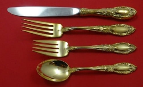 Towle King Richard Vermeil 4pc Sterling Silver Place Setting Gold Finish: Towle King Richard Vermeil 4pc Sterling Silver Place Setting Gold Finish This exquisite 4-piece place setting features the King Richard Vermeil pattern by Towle, crafted from sterling silver with a be