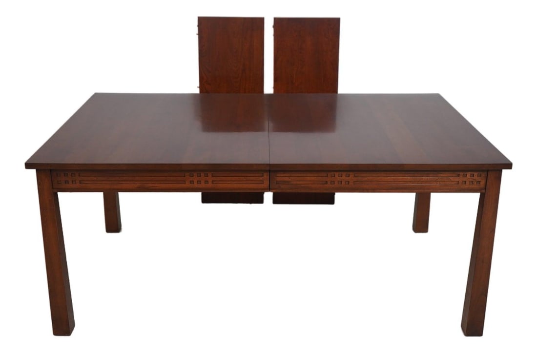 44w x 72d Stickley Highlands cherry dining table with 2 leaves: 44w x 72d Stickley Highlands cherry dining table with 2 leaves Arts & Crafts style dining table from the Stickley Highlands line, made of solid cherry with finish no. 27. The design is described as Fr