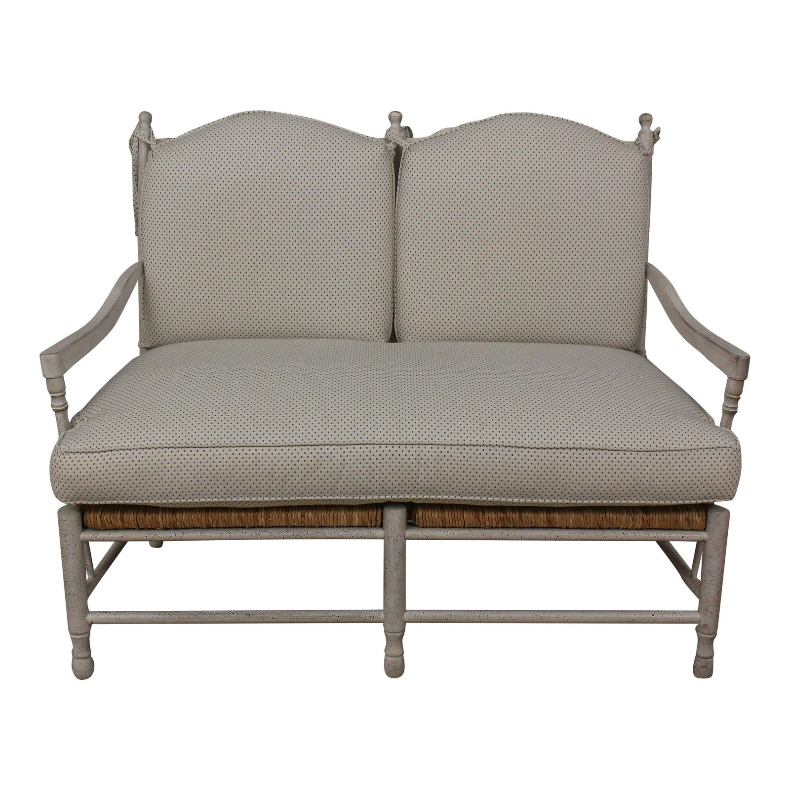 Rustic Country Style Rush Seat Settee in White Finish: Rustic Country Style Rush Seat Settee in White Finish Discover this charming Country Style Painted Finish Rush Seat Settee, approximately 10 years old. This piece features a rush seat under cushions, 