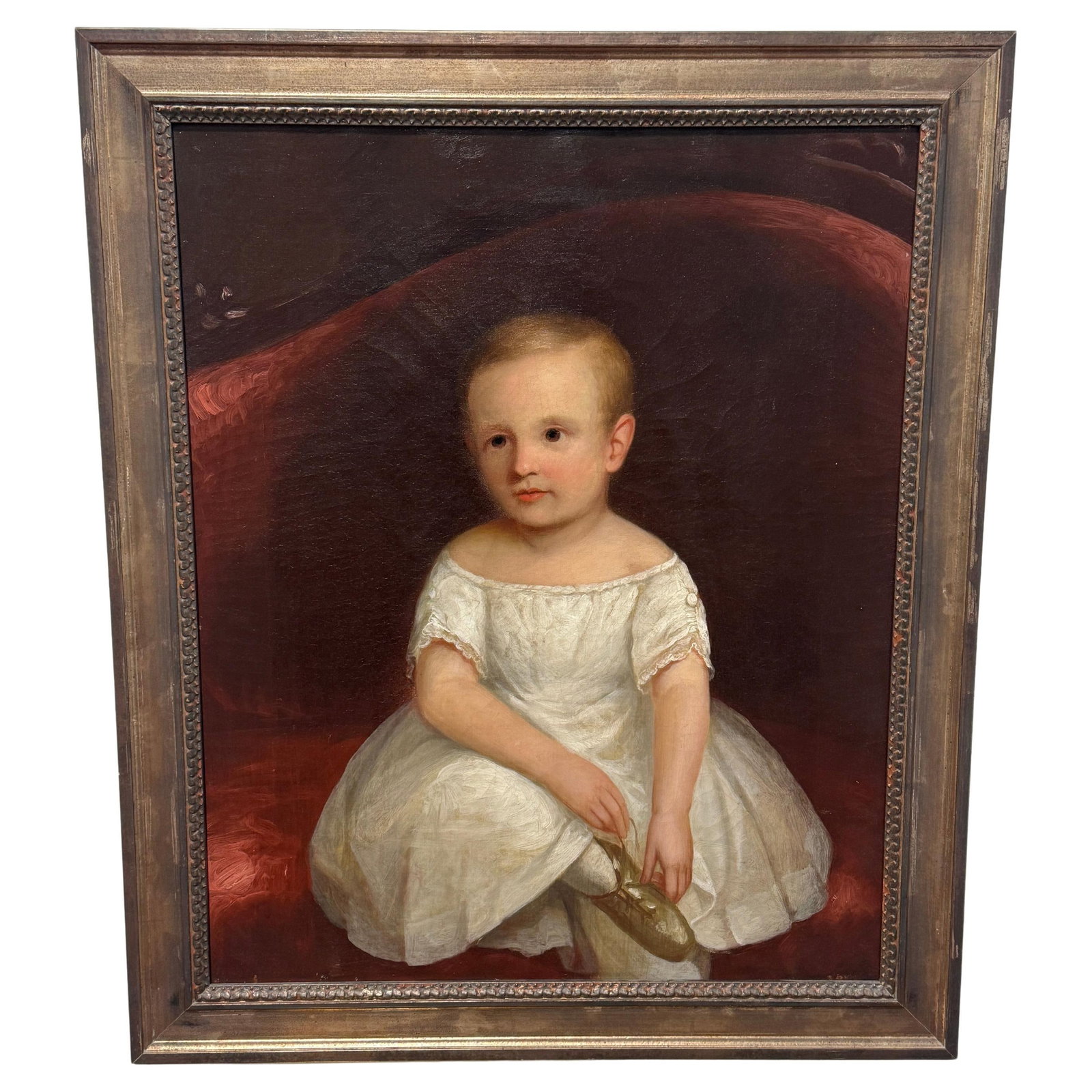 Mid-19th Century Folk Art Oil Portrait Young Child With Slipper (1 of 12)