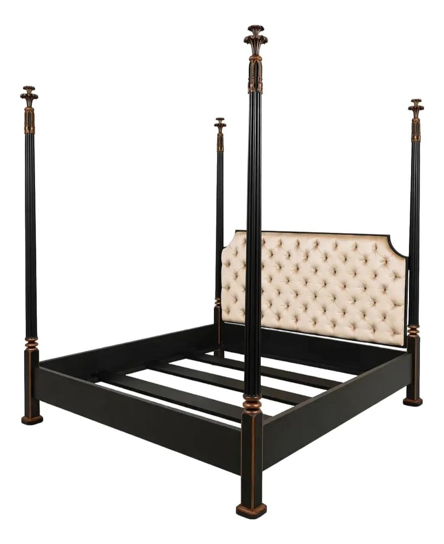 King Poster Bed Black Gold Wood With Upholstered Headboard by Nancy Corzine (1 of 10)