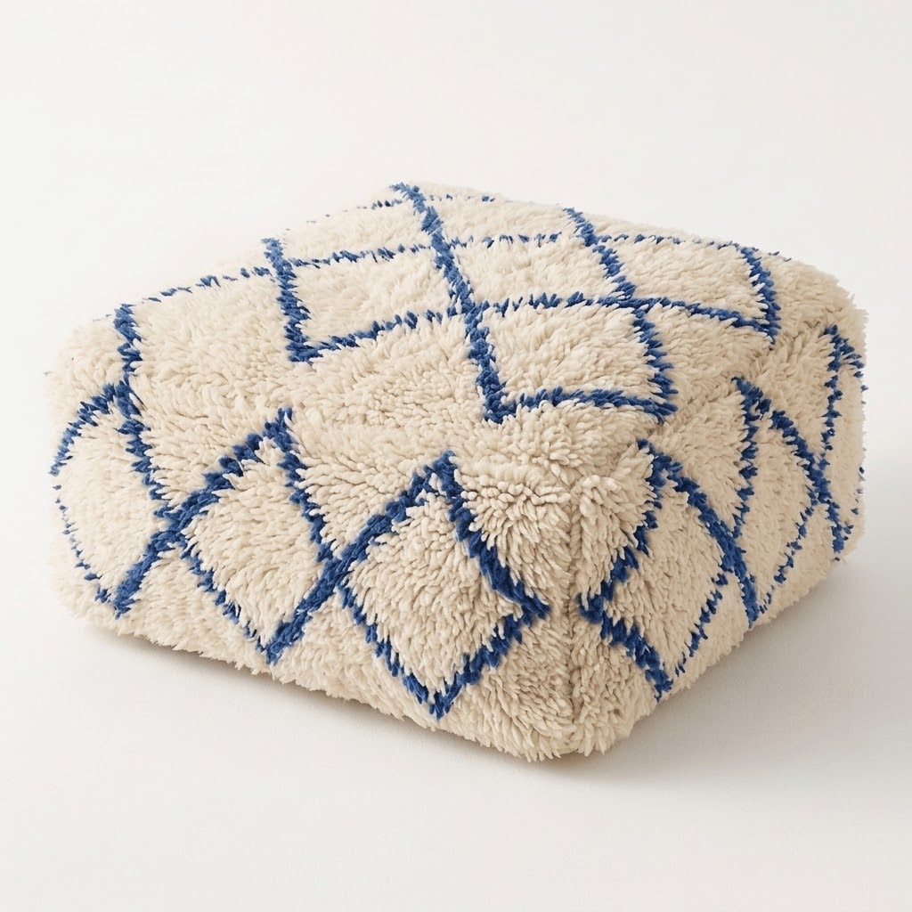 Moroccan Beni Ouarain Wool Pouf Handmade Berber Ottoman 45 cm: Moroccan Beni Ouarain Wool Pouf Handmade Berber Ottoman 45 cm Handmade Beni Ouarain Berber wool pouf crafted in Morocco from a genuine handwoven rug. This versatile piece can be used as a floor cushio